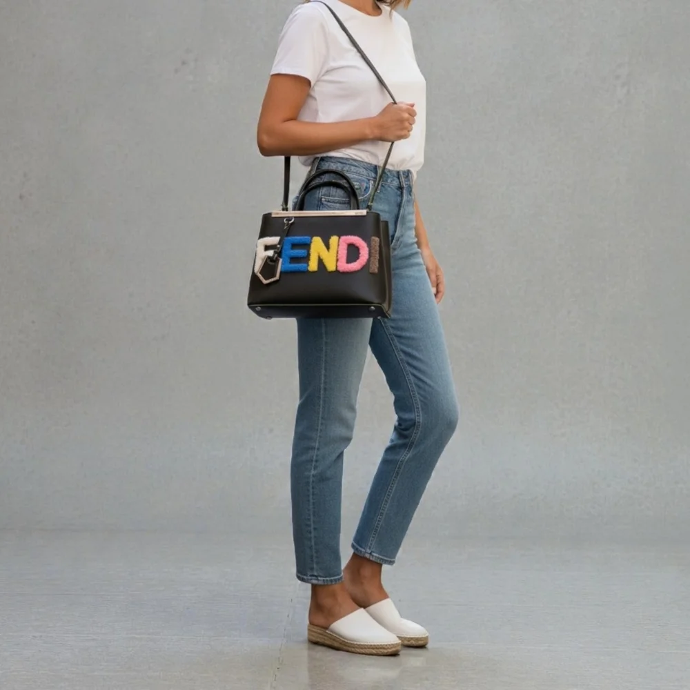 Fendi 2Jours Black Leather Tote Crossbody Bag Multicolor Shearling Logo - Picture 3 of 16